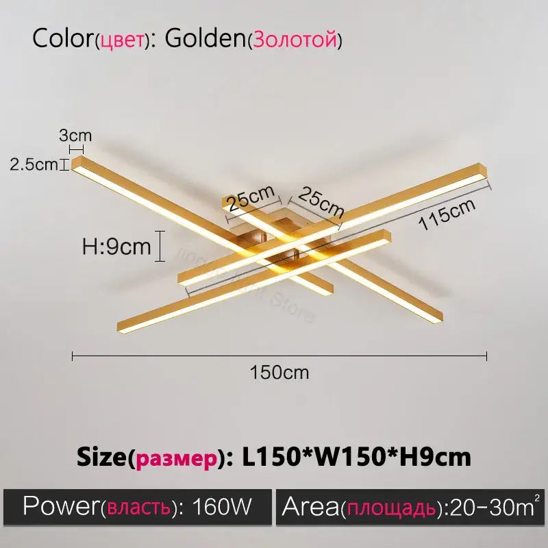 Black Square LED Chandelier by Decorbites, golden intersecting bars, 150cm long ceiling light on Tampa Home & Garden Store