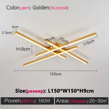 Black Square LED Chandelier by Decorbites, golden intersecting bars, 150cm long ceiling light on Tampa Home & Garden Store