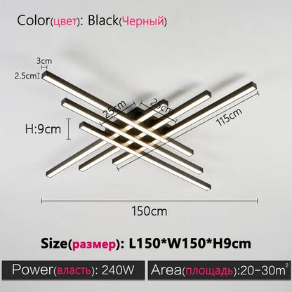 Black Square LED Chandelier Decorbites, modern black bar fixture with intersecting arms on Tampa Home & Garden Store
