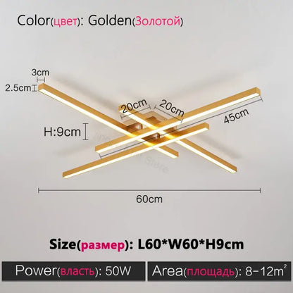 Black Square LED Chandelier by Decorbites, golden intersecting bar ceiling light 60x60x9 cm on Tampa Home & Garden Store