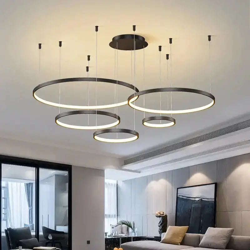 Chandelier Decorbites: modern black and gold pendant light with circular rings, dimmable on Tampa Home & Garden Store