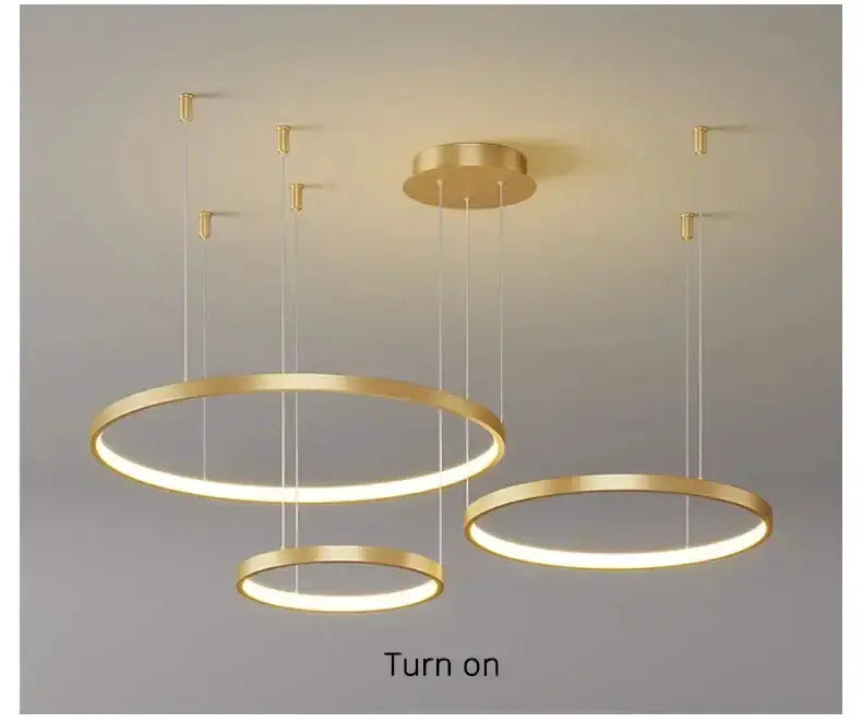Chandelier pendant light gold 3-ring rings, dimmable living room fixture on Tampa Home & Garden Store