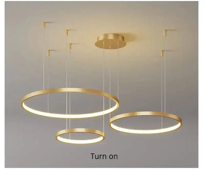 Chandelier pendant light gold 3-ring rings, dimmable living room fixture on Tampa Home & Garden Store