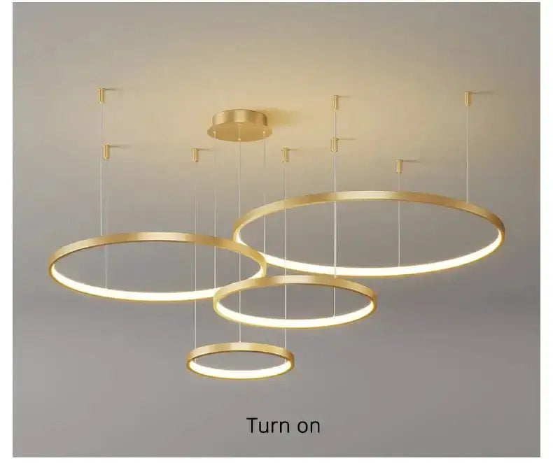 Modern gold ring pendant chandelier with four circular rings for living room dimmable on Tampa Home & Garden Store