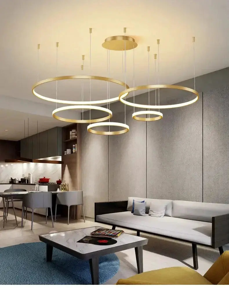 Chandelier modern black and gold pendant light by Decorbites, five circular rings, dimmable on Tampa Home & Garden Store
