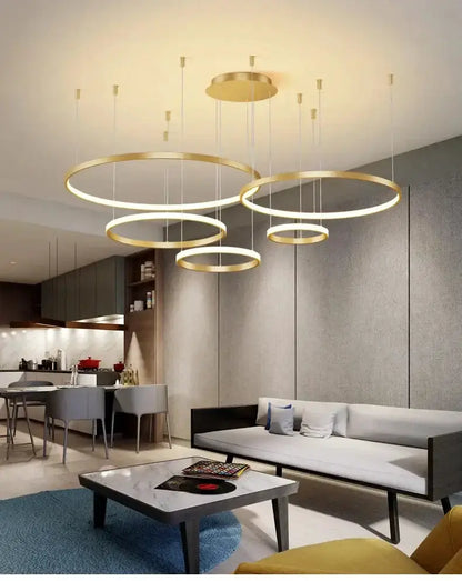 Chandelier modern black and gold pendant light by Decorbites, five circular rings, dimmable on Tampa Home & Garden Store