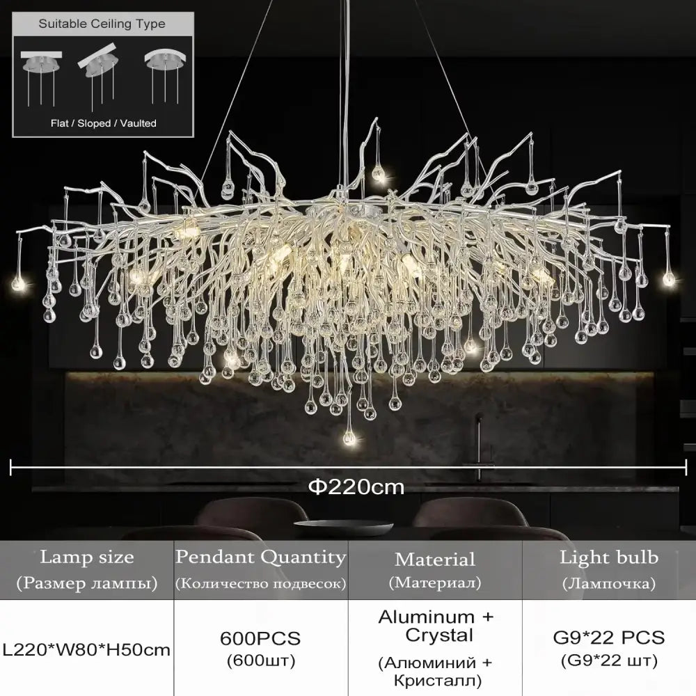 Modern golden aluminum crystal chandelier by Decorbites with cascading droplets on Tampa Home & Garden Store
