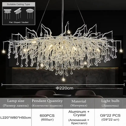 Modern golden aluminum crystal chandelier by Decorbites with cascading droplets on Tampa Home & Garden Store