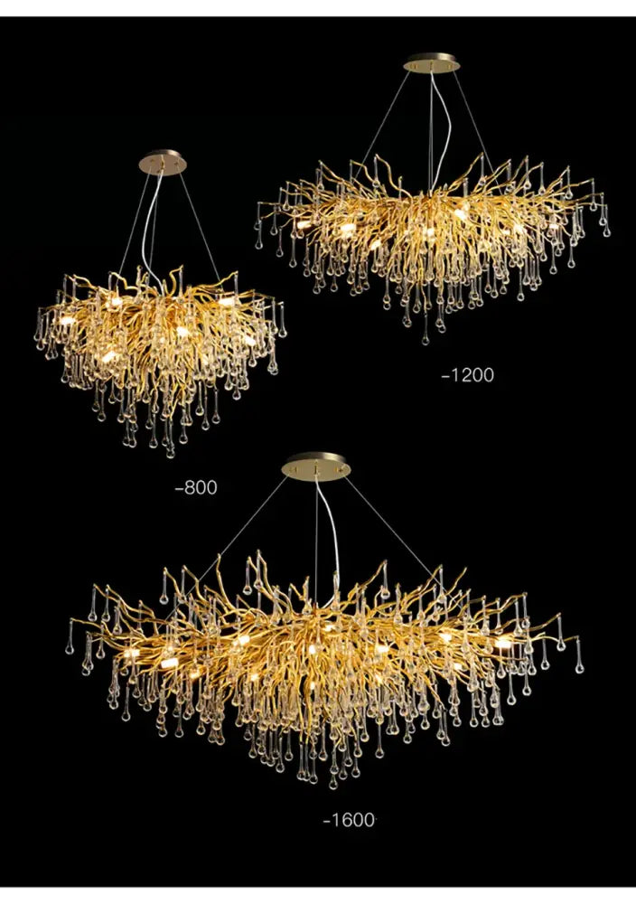 Modern golden branch crystal chandelier by Decorbites; crystals, ceiling mount, three sizes on Tampa Home & Garden Store