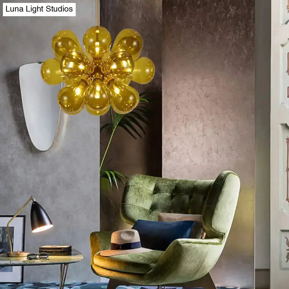 Decorbites modern cognac glass bubble chandelier dining room pendant light with golden spheres on Tampa Home & Garden Store