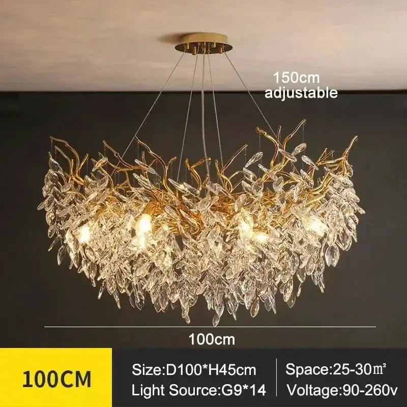 Chandelier Decorbites modern golden branch crystal ceiling light with leaf crystals adjustable on Tampa Home & Garden Store