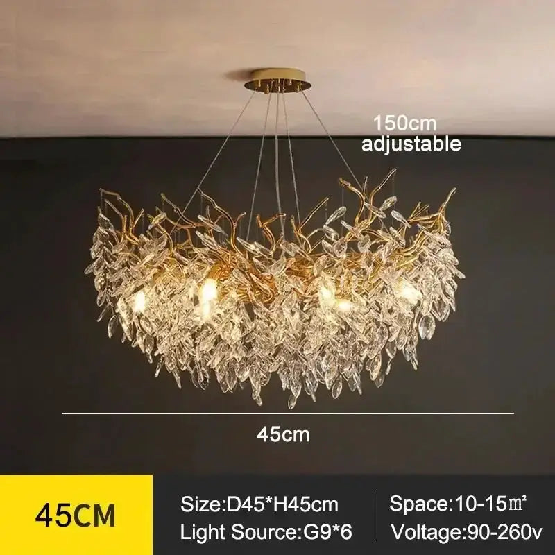 Chandelier Decorbites golden branch crystal with 6 G9 bulbs, 45cm dia, 150cm adjustable hanging on Tampa Home & Garden Store