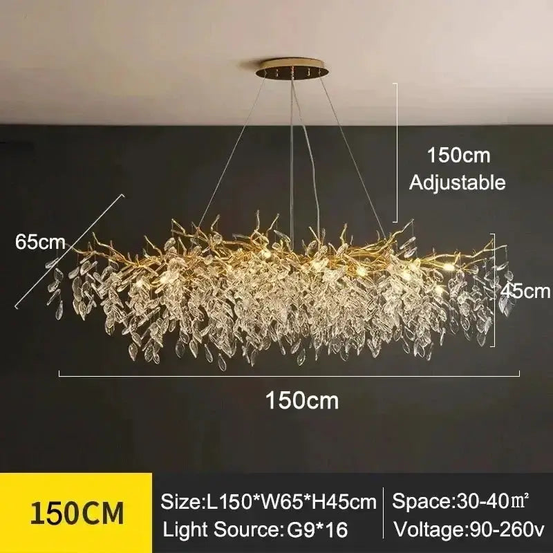 Chandelier golden branch crystal ceiling light with hanging crystals, 150cm long on Tampa Home & Garden Store