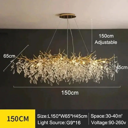 Chandelier golden branch crystal ceiling light with hanging crystals, 150cm long on Tampa Home & Garden Store