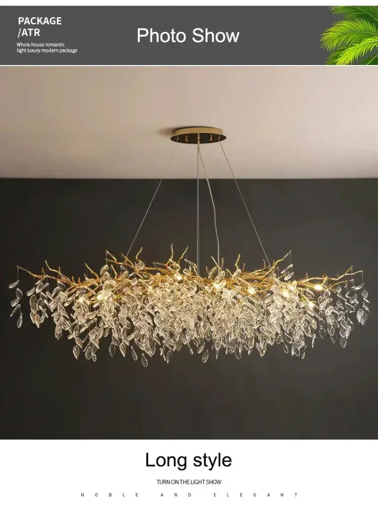 Chandelier modern golden branch crystal ceiling light Decorbites long style dining room LED on Tampa Home & Garden Store
