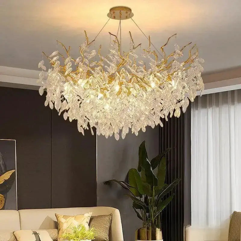 Chandelier modern golden branch crystal ceiling light by Decorbites with crystal leaves on Tampa Home & Garden Store