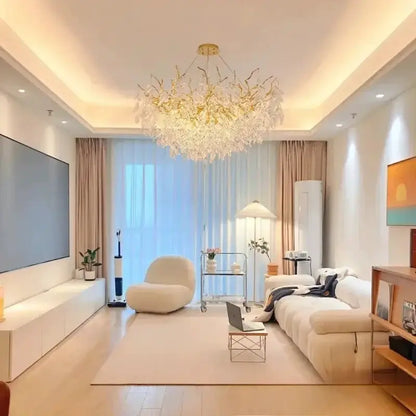 Chandelier Decorbites golden branch crystal chandelier with LED lighting in bright living room on Tampa Home & Garden Store