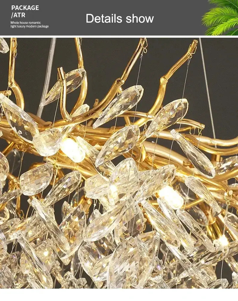 Chandelier Decorbites modern golden branch crystal with hanging clear prisms LED lighting on Tampa Home & Garden Store