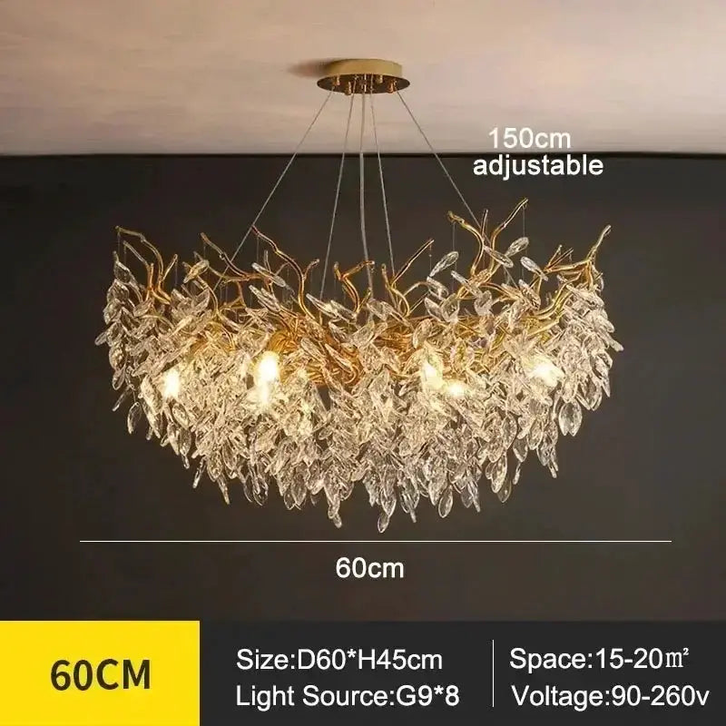 Chandelier Decorbites golden branch crystal with LED bulbs 60cm dia adjustable hanging on Tampa Home & Garden Store