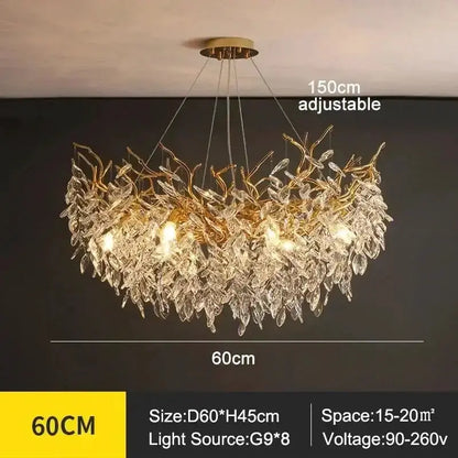 Chandelier Decorbites golden branch crystal with LED bulbs 60cm dia adjustable hanging on Tampa Home & Garden Store