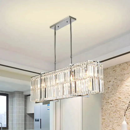 Modern chrome crystal island pendant chandelier with 5 lights and hanging prisms on Tampa Home & Garden Store