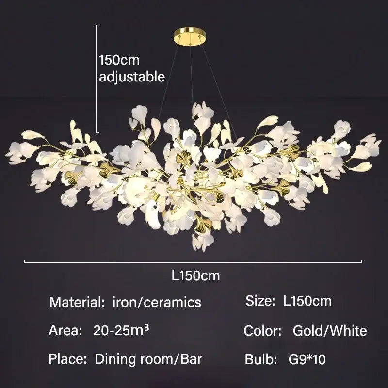 Gold Ginkgo LED Chandelier Decorbites, iron/ceramics leaves, gold/white, 150cm, 10 G9 bulbs on Tampa Home & Garden Store