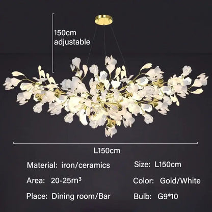 Gold Ginkgo LED Chandelier Decorbites, iron/ceramics leaves, gold/white, 150cm, 10 G9 bulbs on Tampa Home & Garden Store