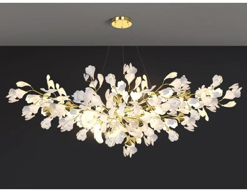Gold Ginkgo LED Chandelier by Decorbites with white leaf blades and gold stems on Tampa Home & Garden Store
