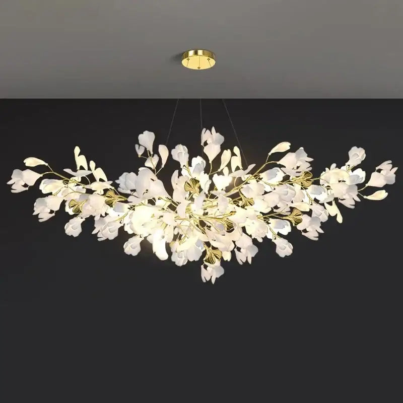 Gold Ginkgo LED chandelier Decorbites, white floral leaves with gold stems, on Tampa Home & Garden Store