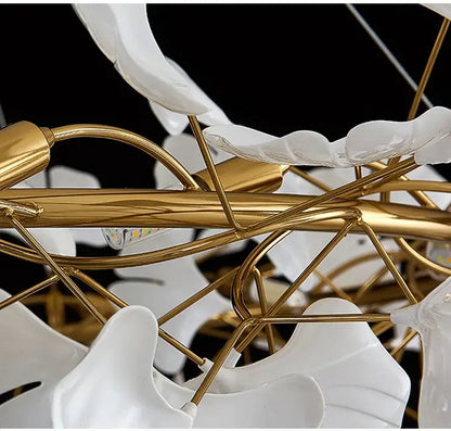 Gold Ginkgo LED Chandelier by Decorbites with a gold metal frame and white leaf petals on Tampa Home & Garden Store