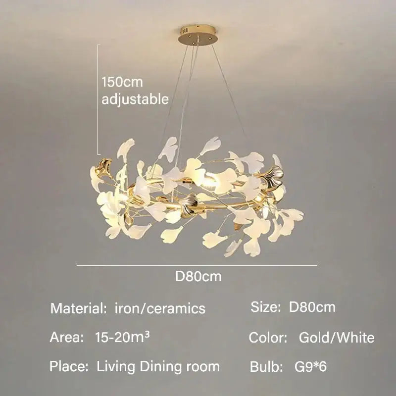 Gold Ginkgo LED Chandelier with white leaves, D80cm, 6 G9 bulbs on Tampa Home & Garden Store