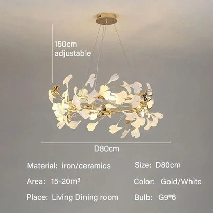 Gold Ginkgo LED Chandelier with white leaves, D80cm, 6 G9 bulbs on Tampa Home & Garden Store