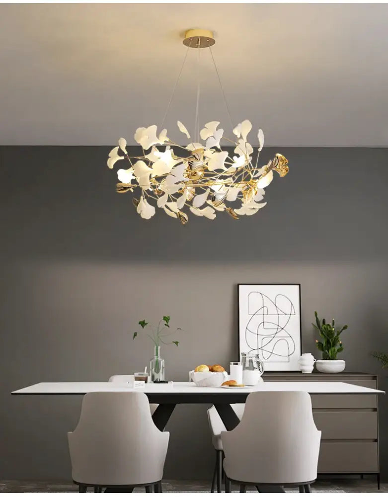 Gold Ginkgo LED Chandelier by Decorbites, leaf-inspired gold frame with white leaves on Tampa Home & Garden Store