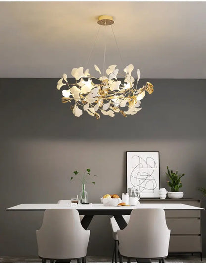 Gold Ginkgo LED Chandelier by Decorbites, leaf-inspired gold frame with white leaves on Tampa Home & Garden Store