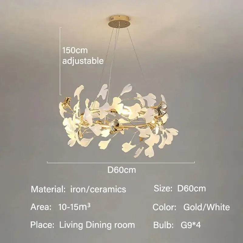 Decorbites Gold Ginkgo LED Chandelier with gold/white iron petals, 60cm, adjustable 150cm on Tampa Home & Garden Store