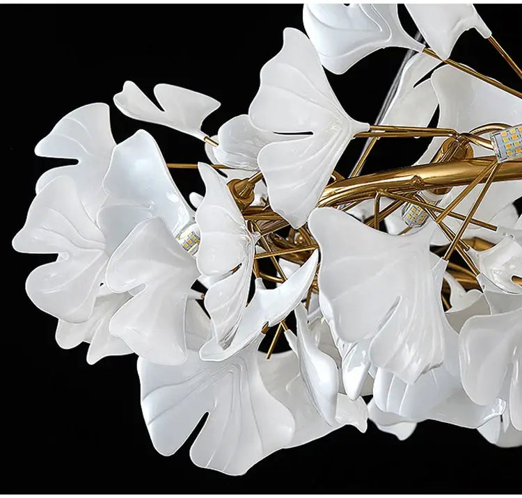 Gold Ginkgo LED Chandelier with white ginkgo leaf shades on gold branches by Decorbites on Tampa Home & Garden Store
