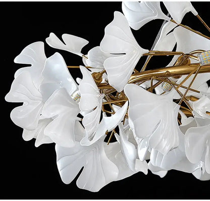 Gold Ginkgo LED Chandelier with white ginkgo leaf shades on gold branches by Decorbites on Tampa Home & Garden Store