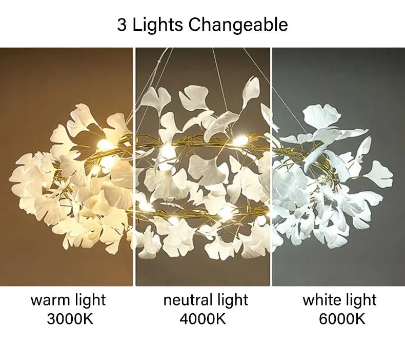 Gold Ginkgo LED Chandelier by Decorbites, 3-light fixture with 3000K/4000K/6000K on Tampa Home & Garden Store