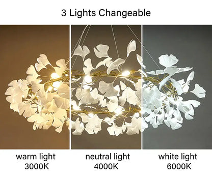 Gold Ginkgo LED Chandelier by Decorbites, 3-light fixture with 3000K/4000K/6000K on Tampa Home & Garden Store