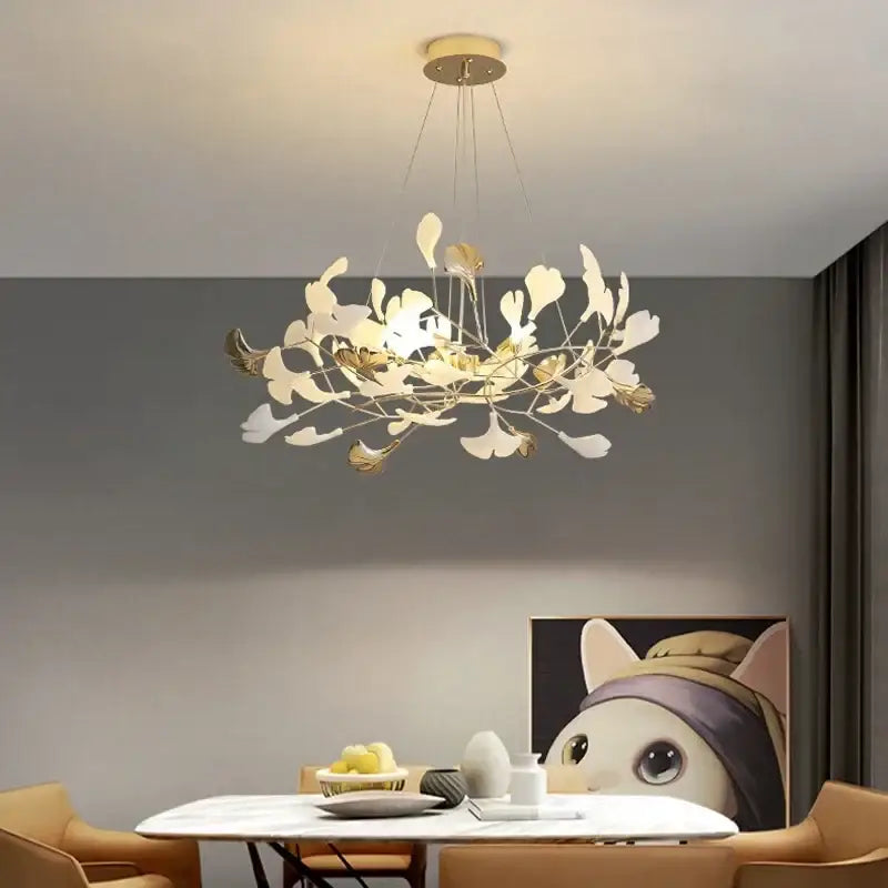 Gold Ginkgo LED Chandelier by Decorbites, gold leaf leaves, ceiling pendant on Tampa Home & Garden Store