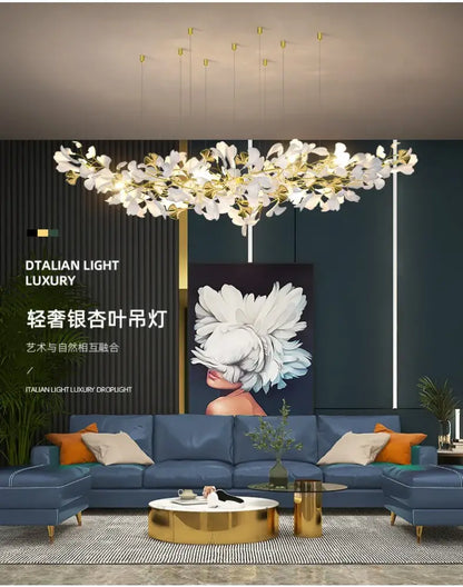 Gold Ginkgo LED Chandelier by Decorbites with gold branches and white petals on Tampa Home & Garden Store