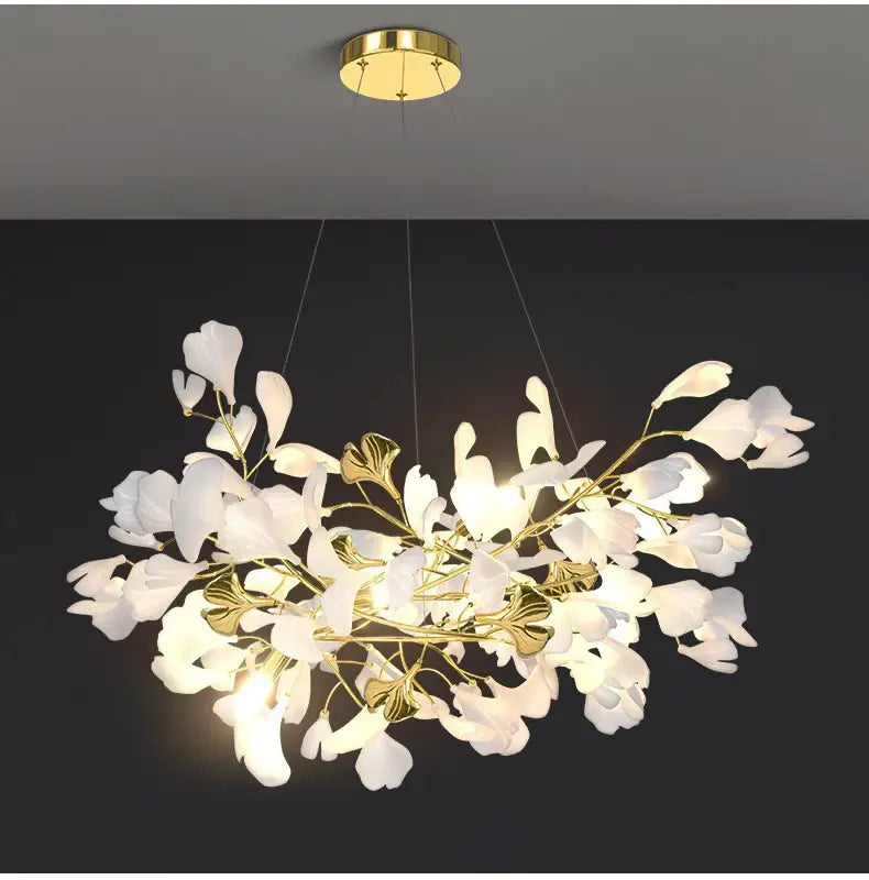Gold Ginkgo LED Chandelier Decorbites, gold branches with white leaf petals, ceiling mount on Tampa Home & Garden Store