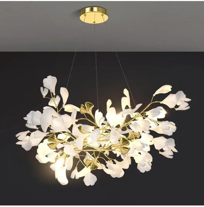 Gold Ginkgo LED Chandelier Decorbites, gold branches with white leaf petals, ceiling mount on Tampa Home & Garden Store