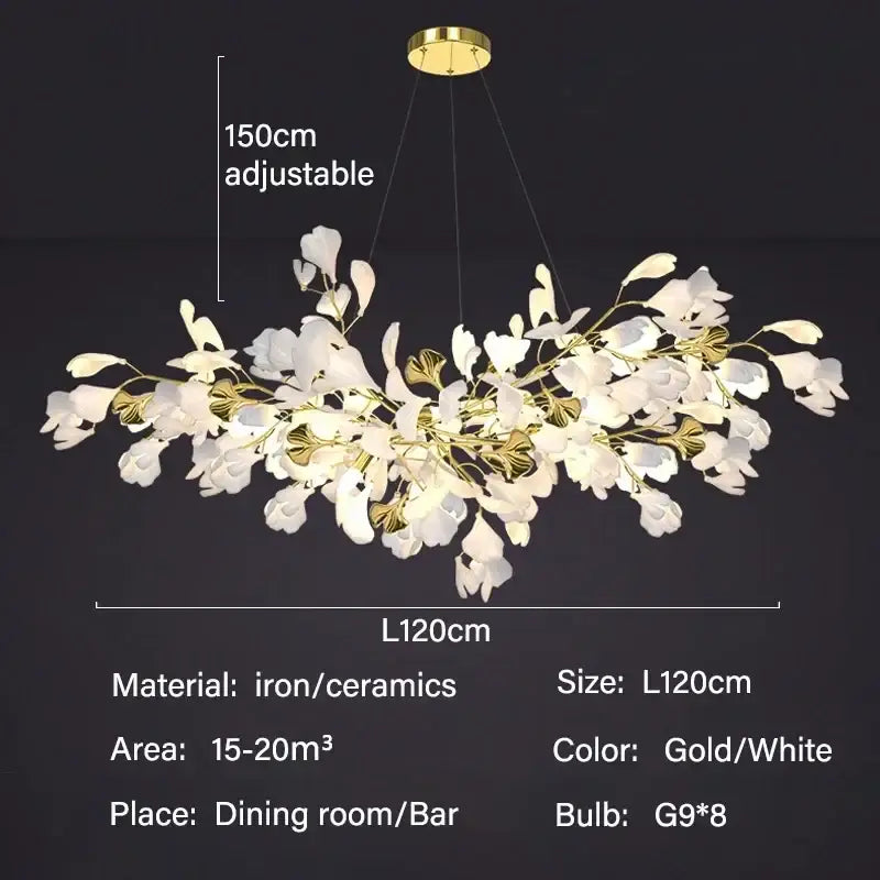 Gold Ginkgo LED Chandelier by Decorbites, iron/ceramics with white leaves, 120cm span on Tampa Home & Garden Store