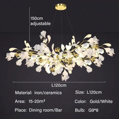 Gold Ginkgo LED Chandelier by Decorbites, iron/ceramics with white leaves, 120cm span on Tampa Home & Garden Store
