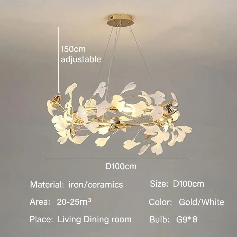 Gold Ginkgo LED Chandelier, gold/white iron & ceramic leaves, D100cm, 150cm adjustable cables on Tampa Home & Garden Store