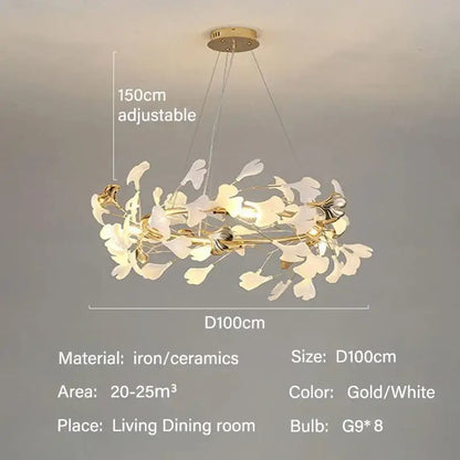 Gold Ginkgo LED Chandelier, gold/white iron & ceramic leaves, D100cm, 150cm adjustable cables on Tampa Home & Garden Store