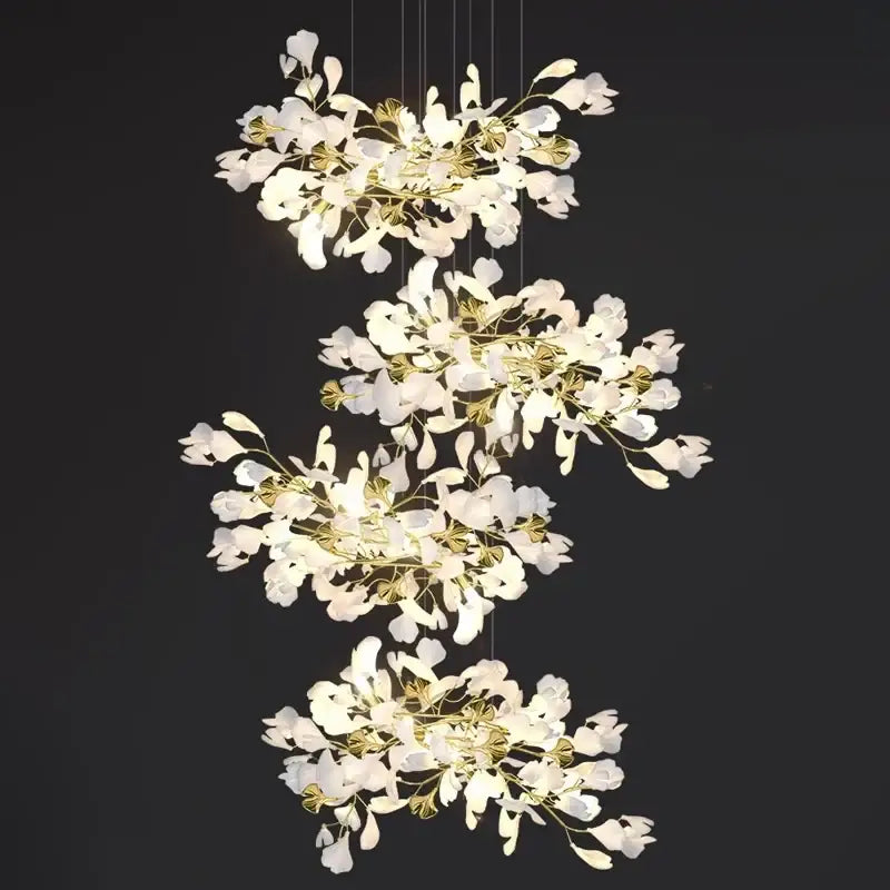 Gold Ginkgo LED Chandelier by Decorbites, white leaf clusters with gold stems on Tampa Home & Garden Store