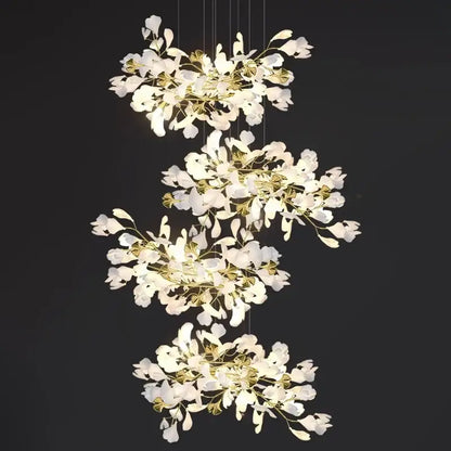 Gold Ginkgo LED Chandelier by Decorbites, white leaf clusters with gold stems on Tampa Home & Garden Store