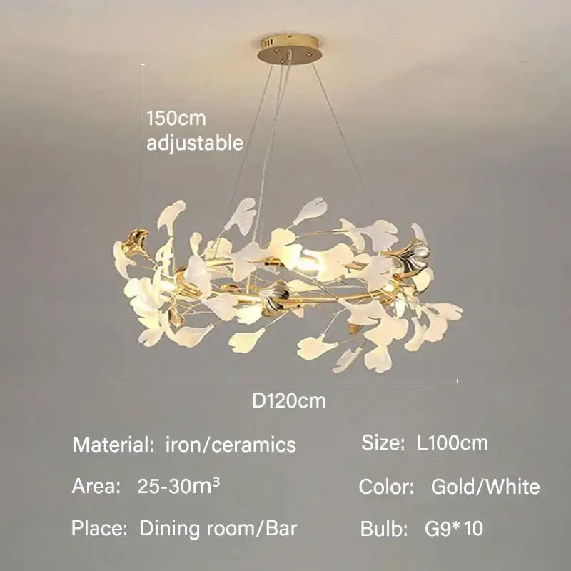 Decorbites Gold Ginkgo LED Chandelier with white ceramic leaves and gold iron frame, 120 cm dia on Tampa Home & Garden Store